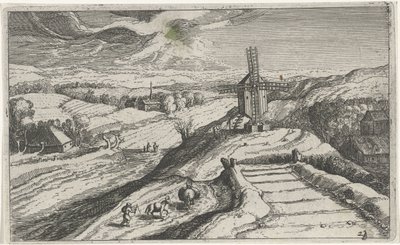 Paysage vallonné avec un moulin à vent (Verschillende landschappen) - Simon Frisius (attributed to)