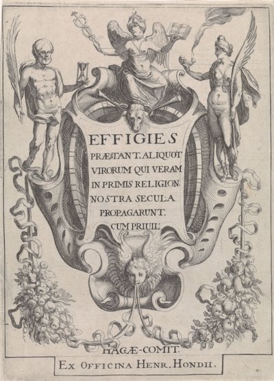 Cartouche met guirlandes en figuren - Simon Frisius