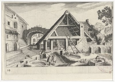 Vue de village avec la Sainte Famille - Simon Frisius