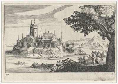 Paysage vallonné avec un château sur une île - Simon Frisius