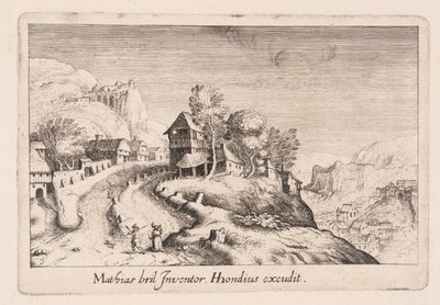 Paysage avec un sentier sur une montagne à travers un village, tiré de Topographia Variarum Regionum - Simon Frisius