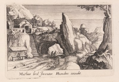 Paire de personnages marchant sous un pont rocheux, tiré de Topographia Variarum Regionum - Simon Frisius