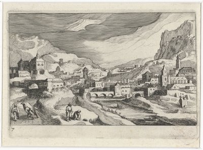 Vue de ville dans une vallée fluviale (Zuid-Europese landschappen, Topographia variarum regionum) - Simon Frisius