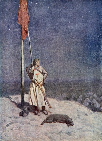 Le chevalier monte la garde sur le mont Saint-Georges avec la bannière d