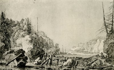 Paysage avec une rivière entre des rives montagneuses - Simon de Vlieger