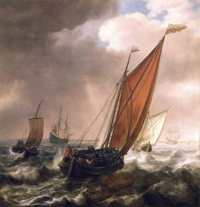 Petit navire de transport néerlandais, avant la brise, dans les eaux calmes et peu profondes le long de la côte, portant le drapeau de l
