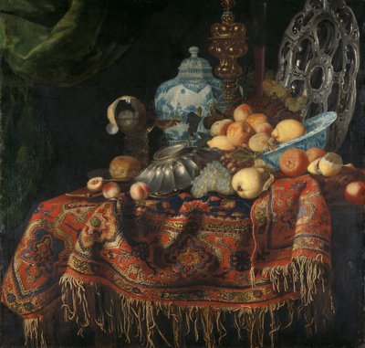 Nature morte avec fruits, assiettes et plats sur un tapis turc - Simon Luttichuys (attributed to)