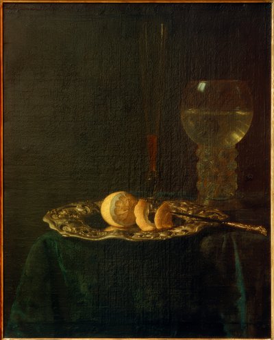 Nature morte de banquet avec assiette en argent, citrons, verre à vin et flûte - Simon Luttichuys