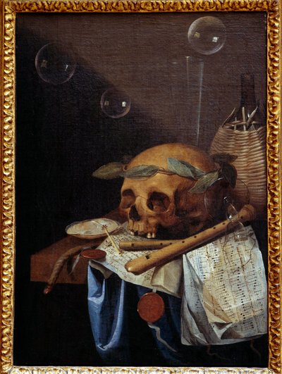 Vanité nature morte de crâne couronne de lauriers, flûtes, partition et cruche de vin - Simon Renard de Saint Andre