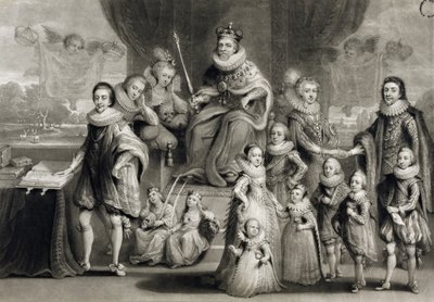 Sa Majesté Jacques Ier et sa progéniture royale avec la famille du roi de Bohême, gravé par Charles Turner, 1814 - Simon de Passe