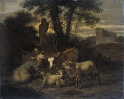Paysage italien avec bergère et troupeaux - Simon van der Does
