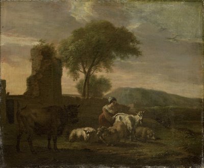 Paysage italien avec bergère et troupeaux - Simon van der Does