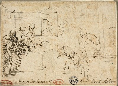 Intérieur avec un nu masculin entouré de cinq personnages - Simone Cantarini
