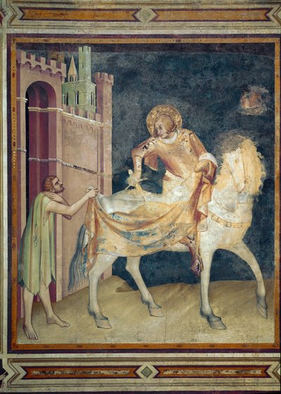 Saint Martin partage son manteau avec un mendiant. Fresque de Simone Martini (1282-1344). 1315. Basilique inférieure de Saint François d