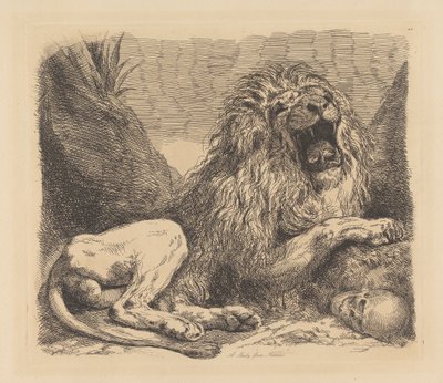 Étude de la nature; un lion parmi les rochers, rugissant, un crâne humain en bas à droite - Sir George Hayter
