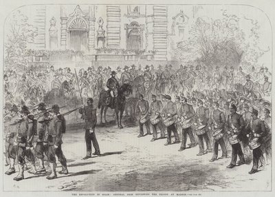 La Révolution en Espagne, le général Prim passant en revue les troupes à Madrid - Sir John Charles Robinson