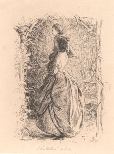 Heureux printemps. Femme et enfant regardant un oiseau dans un nid. - Sir John Everett Millais