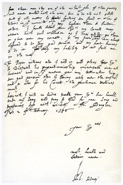 Lettre de Sir Philip Sidney à Robert Dudley, Comte de Leicester, 2 février 1586 - Sir Philip Sidney