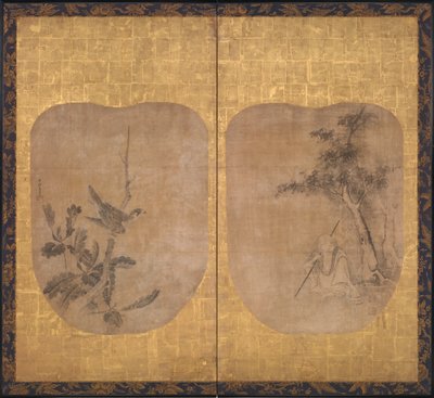 Sage taoïste sous un arbre et faucon sur une branche, milieu du 17ème siècle - Soga Nichokuan