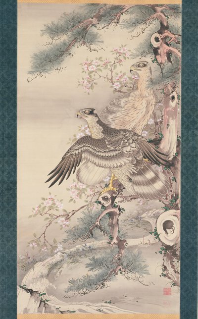 Paire de faucons avec branche et fleurs - Soga Shohaku