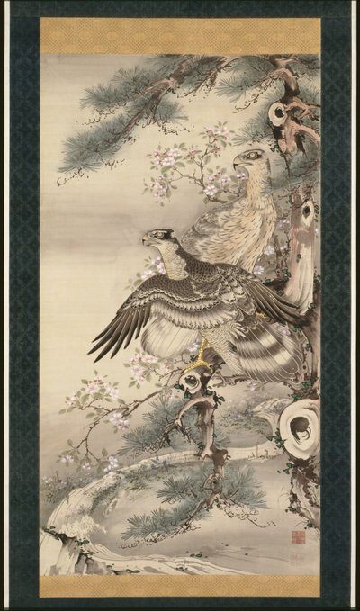 Paire de faucons avec branche et fleurs - Soga Shohaku