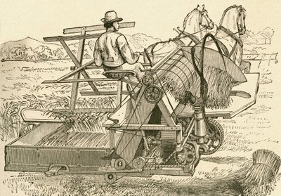 Une machine de récolte, tirée par des chevaux, qui liait mécaniquement les gerbes de blé, utilisée à la fin du XIXe siècle. Du Museo Popular publié à Madrid - Spanish School