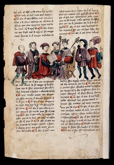 Un homme présente un livre au roi, miniature dans "Libro de los Castigos o Documentos para Bien Vivir" - Spanish School