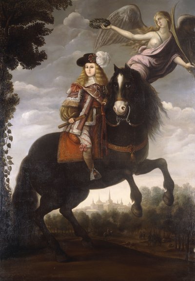 Portrait équestre du roi Charles II, en pied, en manteau rouge avec garniture blanche, couronné de laurier par un ange, Madrid au loin - Spanish School