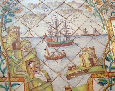 Azulejos représentant un port avec des navires (céramique) - Spanish School
