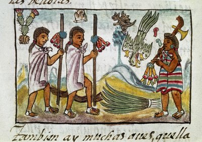 Codex de la conquête du Mexique : marchands déguisés à Tzinacantlan. Miniature du manuscrit florentin 