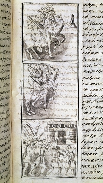 Codex de la conquête du Mexique : les Espagnols prêts à attaquer la ville de Tenochtitlan. Miniature du manuscrit florentin 