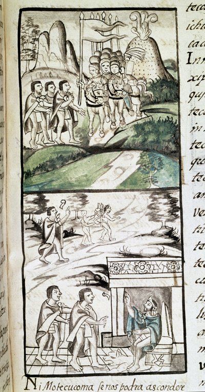 Codex de la conquête du Mexique : les émissaires de Montezuma, ou Moctezuma II empereur aztèque rencontrant les Espagnols - Spanish School