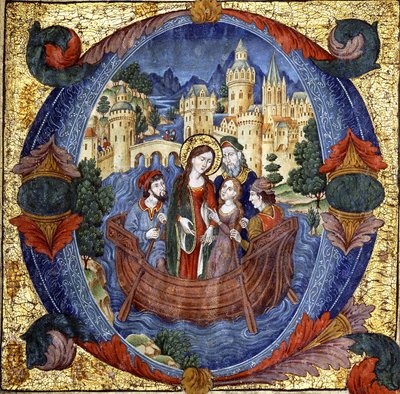 Sainte femme dans un bateau avec un couple courtois et deux bateliers, dans une grande initiale historiée "O", début du 20e siècle - Spanish School