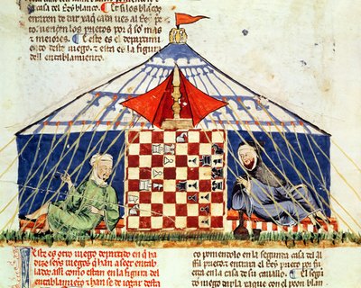 Deux arabes jouant aux échecs dans une tente, du Livre des Jeux, Échecs, Dés et Plateaux, 1282 - Spanish School