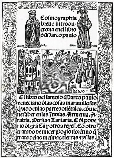 Frontispice de la première version castillane des Voyages de Marco Polo, traduit par Rodrigo de Santaella, publié en 1503 - Spanish School
