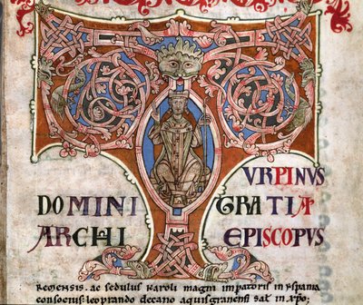 Initiale T avec une représentation de Charlemagne, illustration du Codex Calixtinus - Spanish School