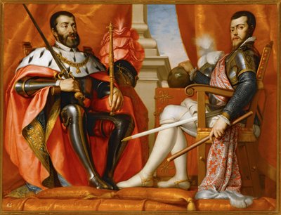 Karl V avec son fils Philipp II ... (peinture sur toile) - Spanish School