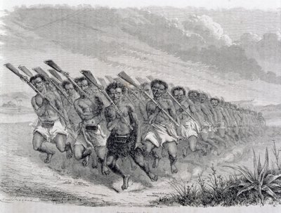 Guerriers maoris exécutant une danse de guerre, illustration de 