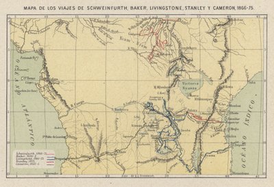 Carte montrant les voyages des explorateurs Georg August Schweinfurth, Samuel Baker, David Livingstone, Henry Morton Stanley et Verney Lovett Cameron en Afrique - Spanish School