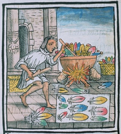 Ms Palat. 218-220 Artisans aztèques teignant des plumes, du 