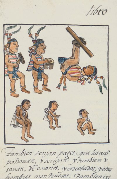 Ms Palat. 218-220 Livre IX Divertissements aztèques, musiciens, jongleurs et bossus, du Codex Florentin par Bernardino de Sahagun, c.1540-85 - Spanish School