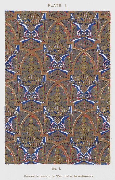 Ornement en panneaux sur les murs, Salle des Ambassadeurs (lithographie en couleur) - Spanish School