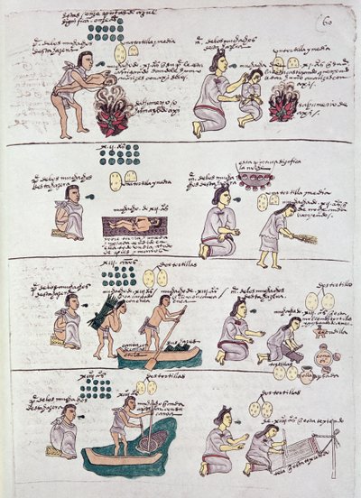 Page du Codex Mendoza, montrant la discipline et les tâches assignées aux enfants, Mexique, vers 1541-42 - Spanish School