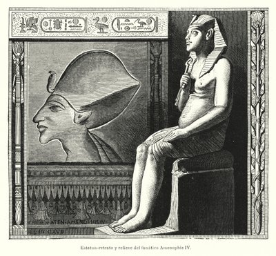 Statue assise et relief du pharaon égyptien ancien Akhenaton (Amenhotep IV) (lithographie) - Spanish School