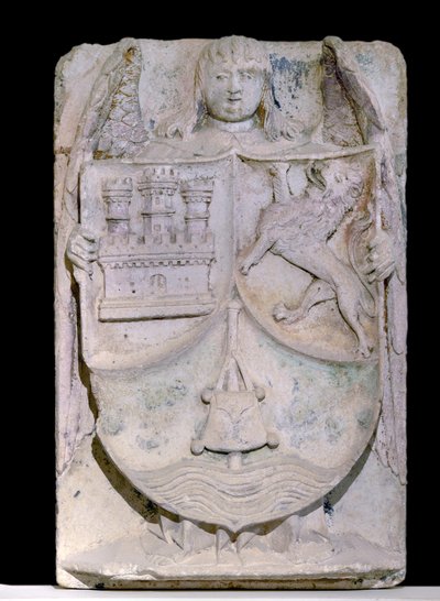 Écusson espagnol du 14ème siècle : armoiries de Castille et Léon, le bâton de pèlerin évoque Saint Jacques de Compostelle, conservé dans l
