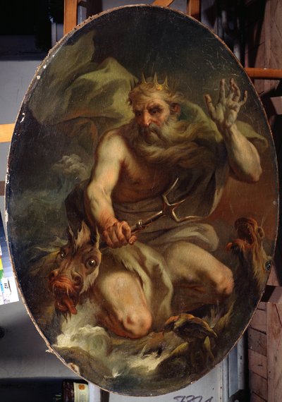 Neptune avec une couronne et un trident représenté avec des monstres marins - Stefano Torelli