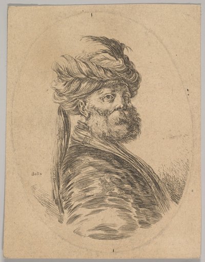 Un homme turc avec une barbe et un turban avec une longue plume devant, tourné trois quarts..., 1650 - Stefano della Bella