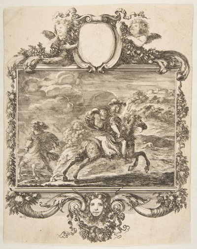 Un cavalier et une dame à cheval, dans une bordure ornée de fruits, vers 1655 - Stefano della Bella