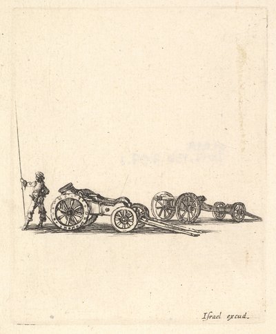 Un mortier et un canon, tous deux montés sur des chariots, un soldat vu de dos - Stefano della Bella