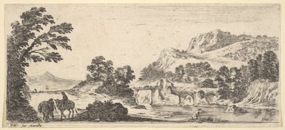 Une mule portant une femme et un paysan marchant avec une mule à gauche, un pêcheur à droite - Stefano della Bella